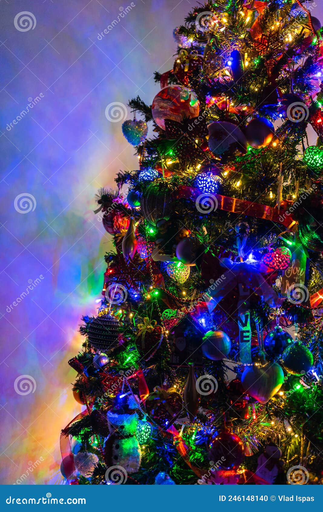 Beautiful Christmas Tree with Lights and Decorations Stock Photo