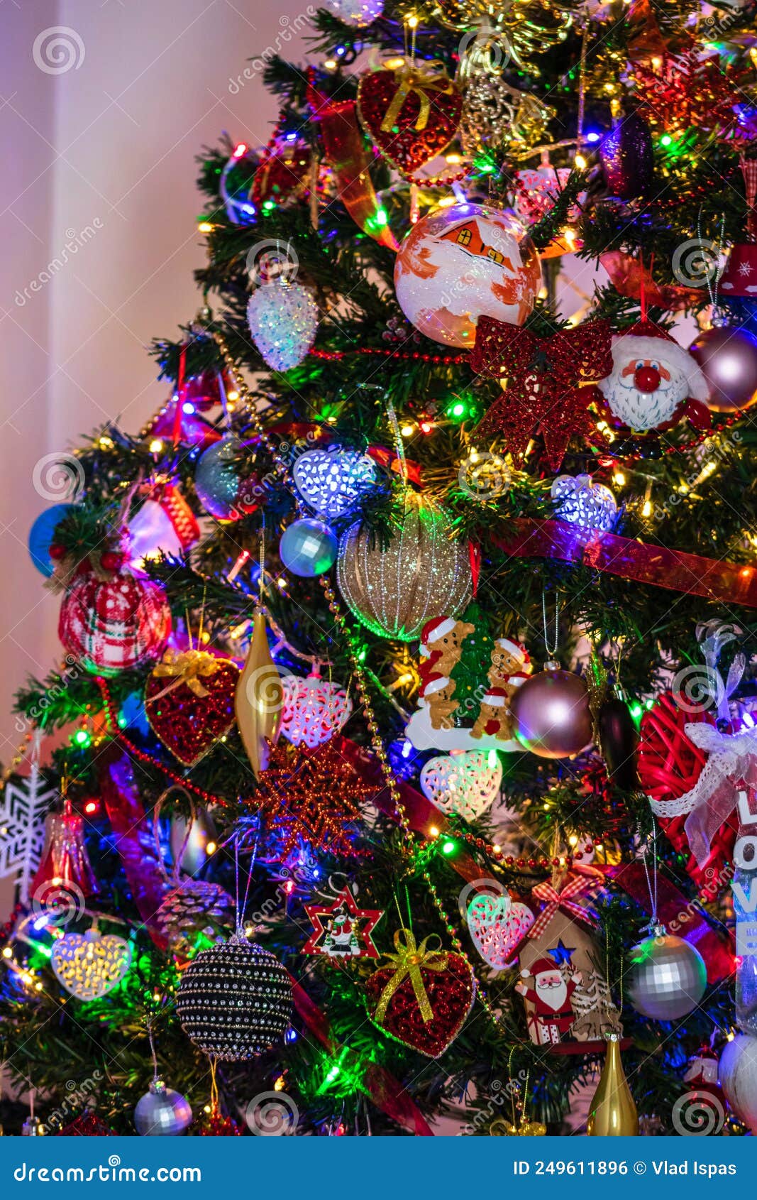 Beautiful Christmas Tree with Lights and Decorations Stock Photo