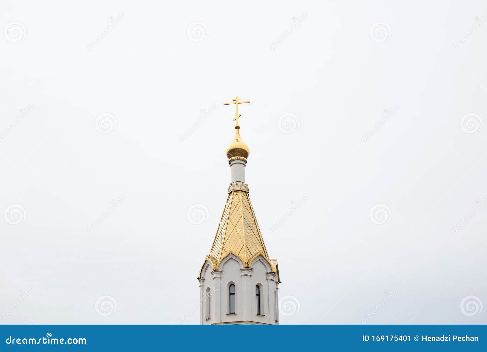 beautiful church with a golden dome and bells against the sky, architectural, copy space, historic