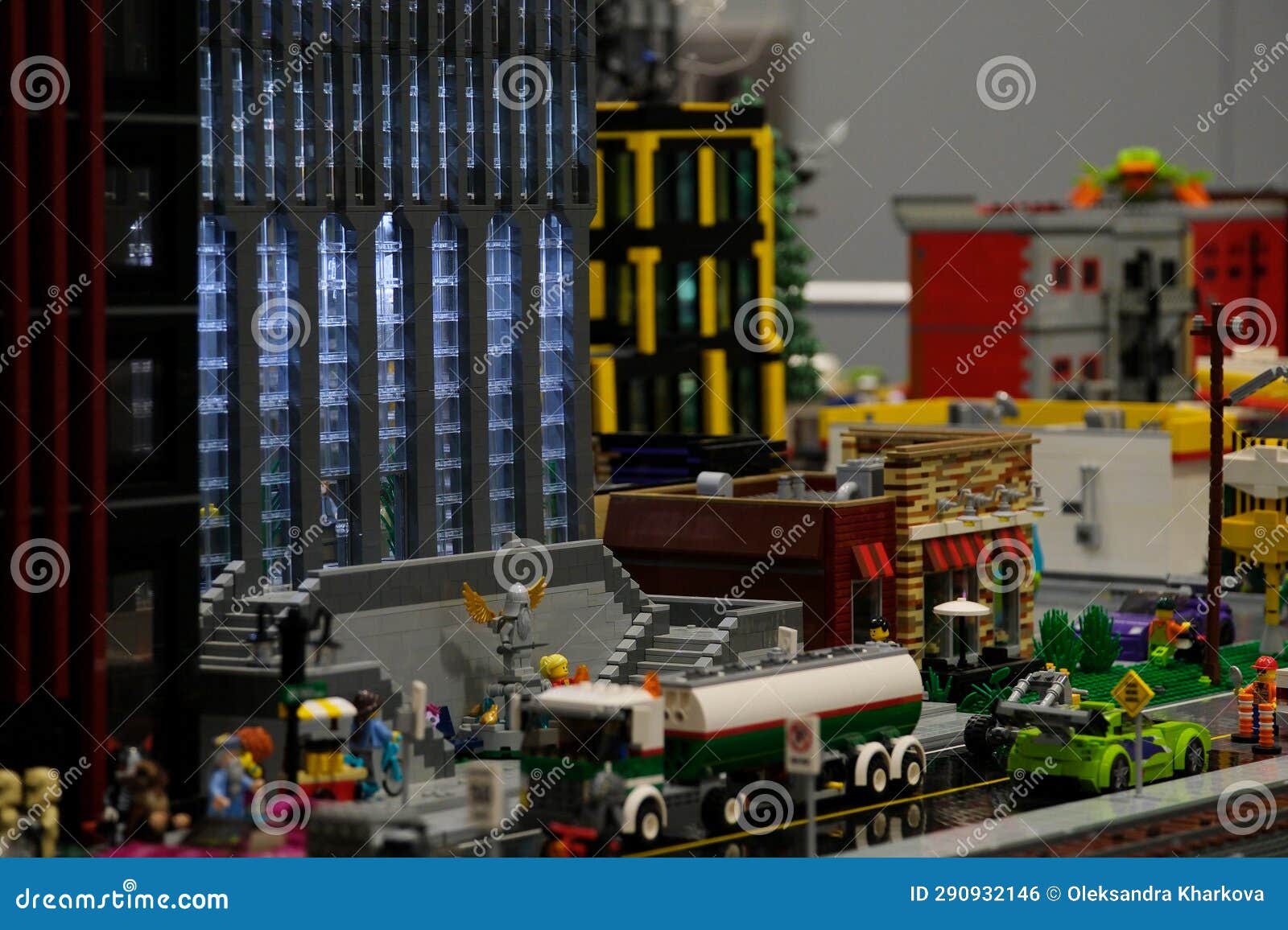City Created from Lego Constructor Yellow Taxi Cars Trolleybuses