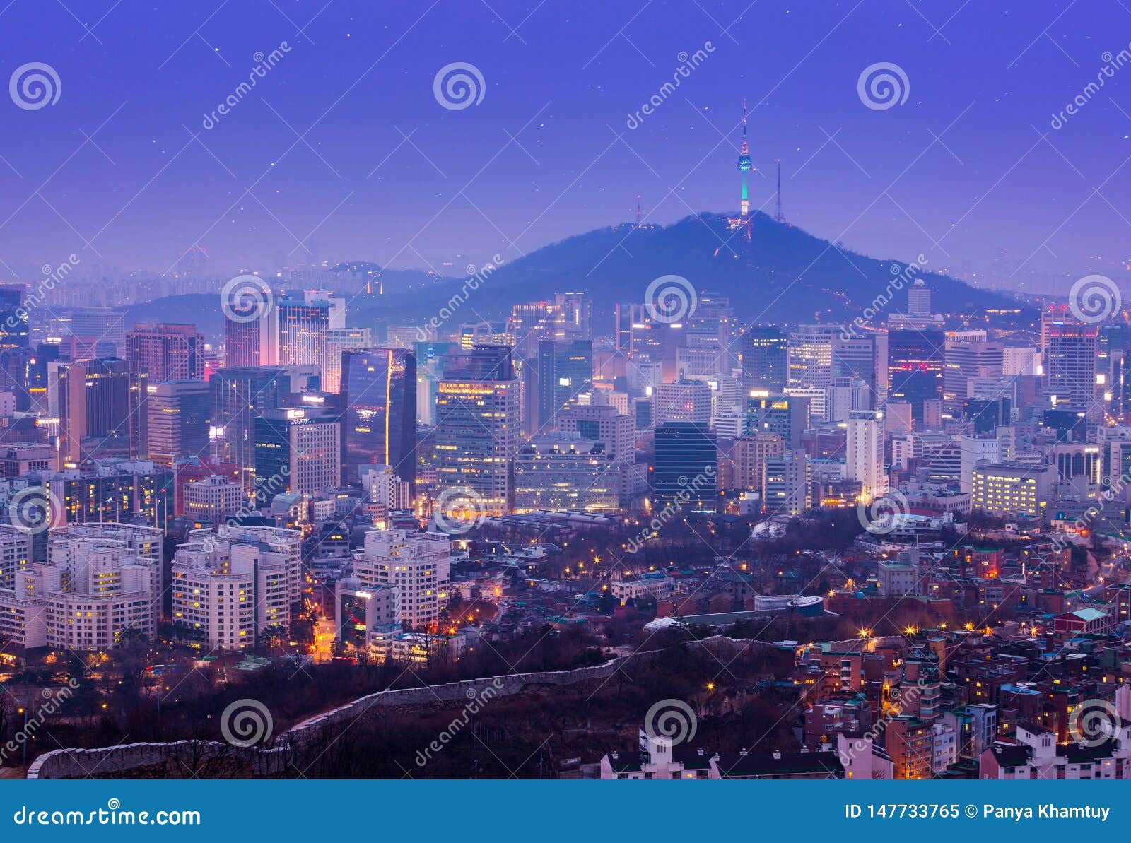 Beautiful City of Lights at Night. Seoul Tower and Skyscrapers of Seoul ...