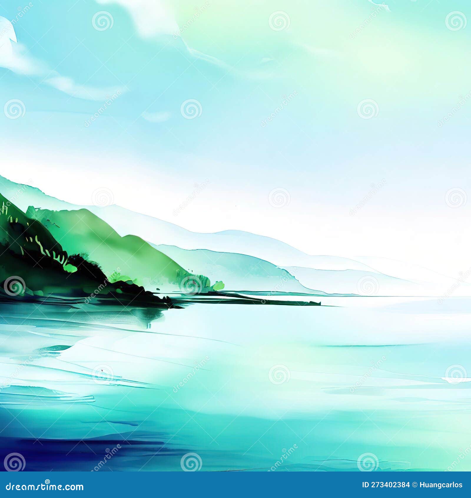 beautiful coast and blue sky copyspace ink and water style generative ai