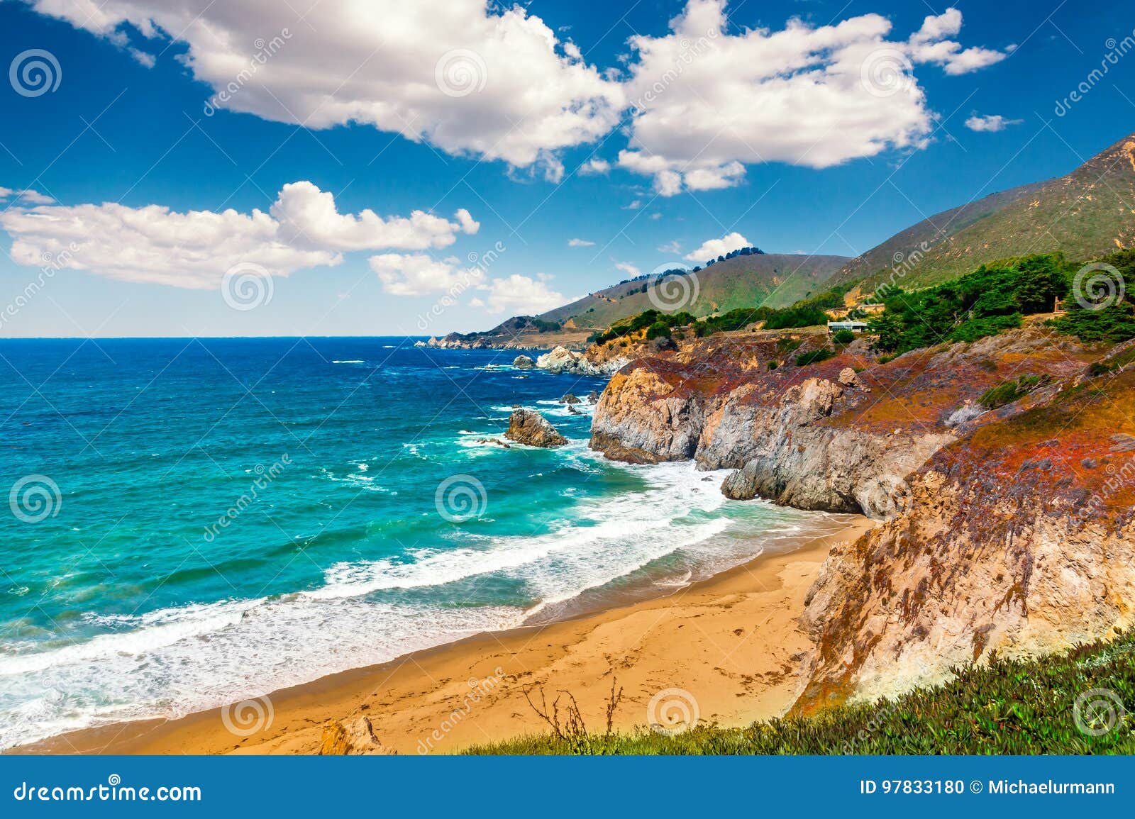 beautiful coastline scenery on pacific coast highway 1 at the us west coast traveling south to los angeles, california