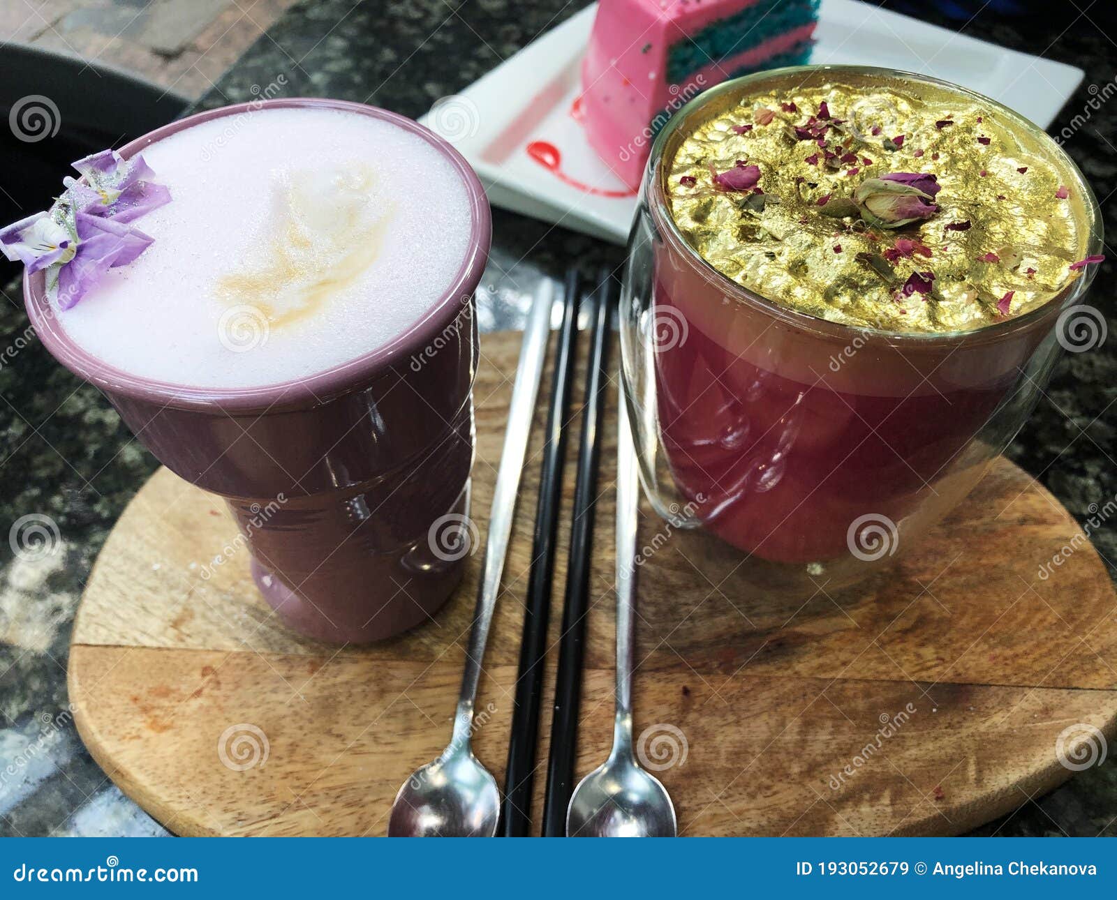 Beautiful Coffee with Violets and Roses in the Cafe Stock Image Image