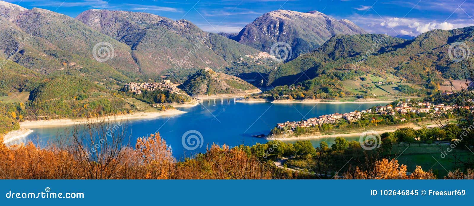 panoramic view of beautiful lake turano and village colle di tor