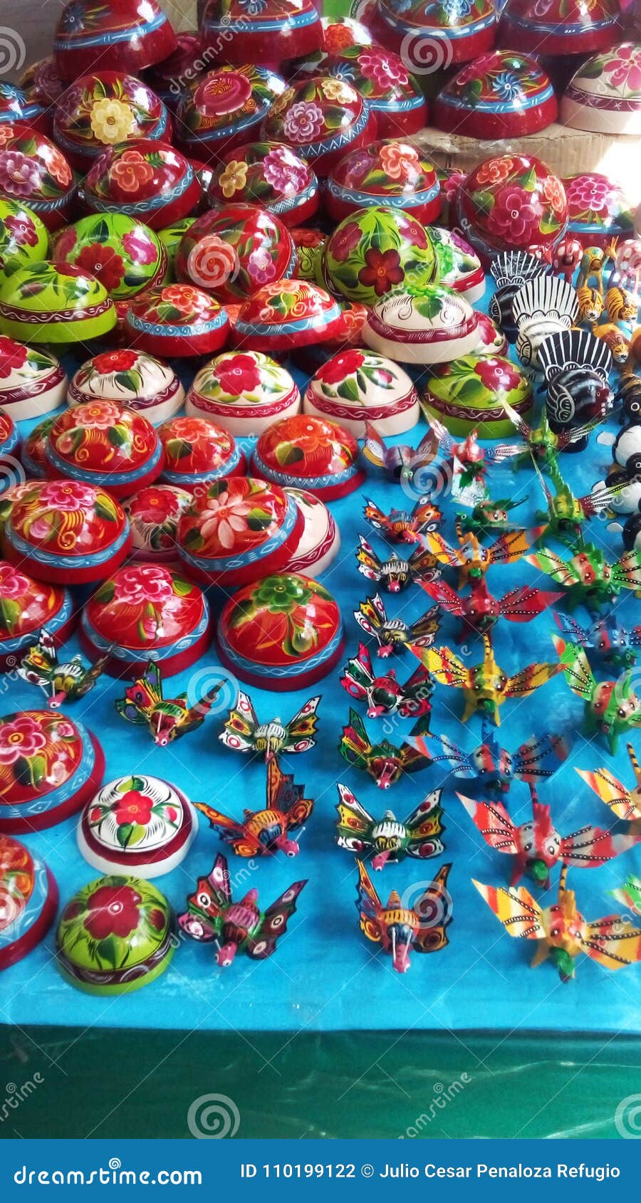 beautiful and colorful crafty cocos and car stances sold in quetzala, guerrero, mexico