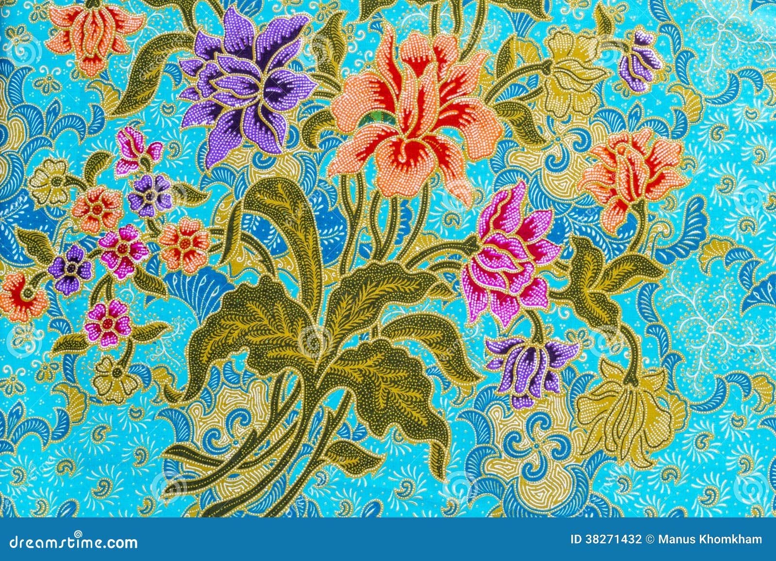 Beautiful Colorful Flowers On Batik  Background  Stock Photo 