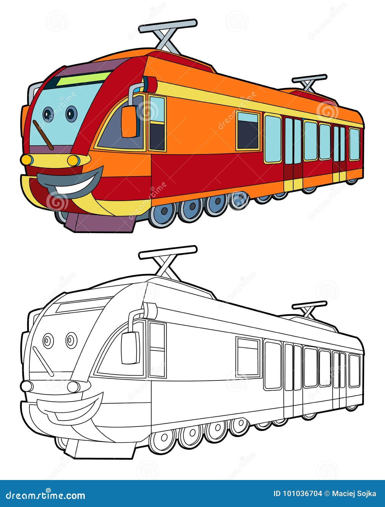 Cartoon Fast Electric Train Smiling - Coloring Page Stock Illustration