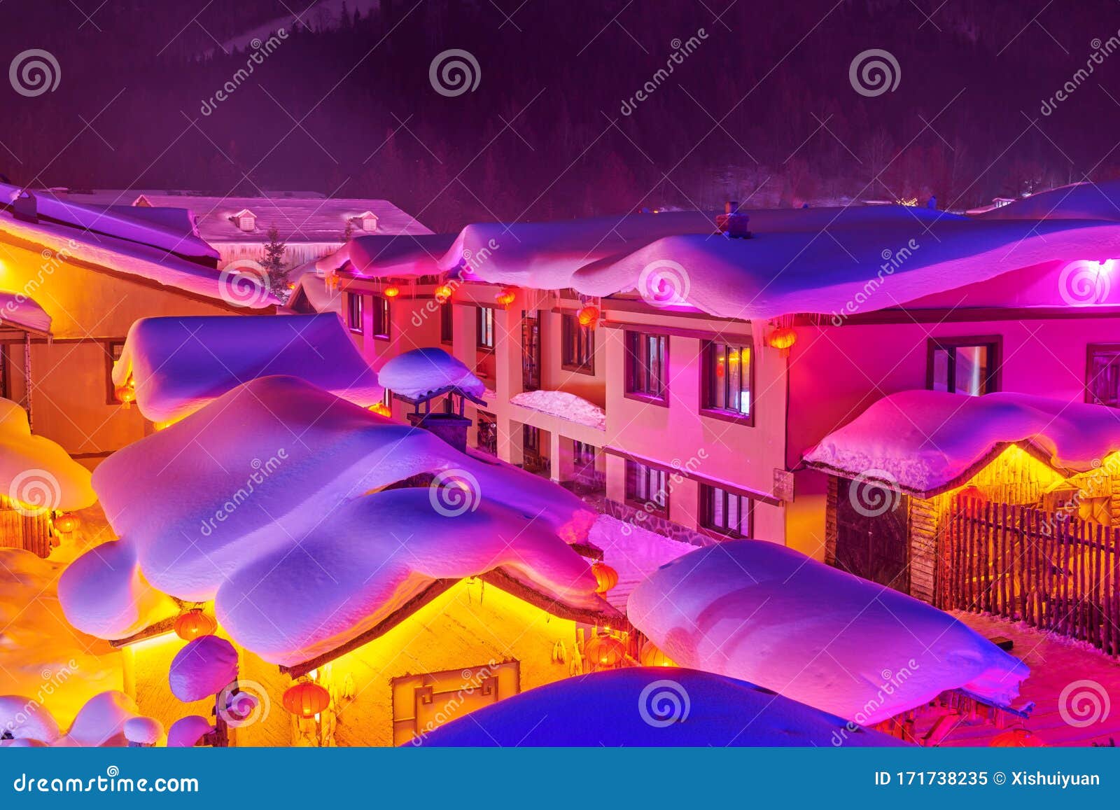 the beautiful colors of snow in winter at night