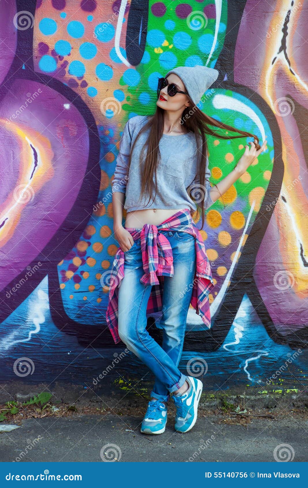 Beautiful Cool Girl in Hat and Sunglasses Over Graffiti Wall Editorial ...