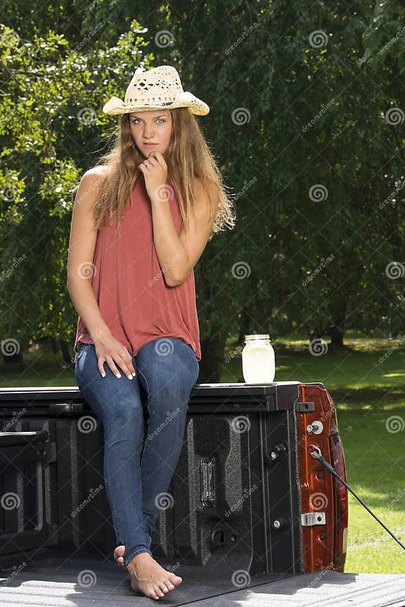 Beautiful Country Girl on Back of Pick-up Truck Stock Photo - Image of ...