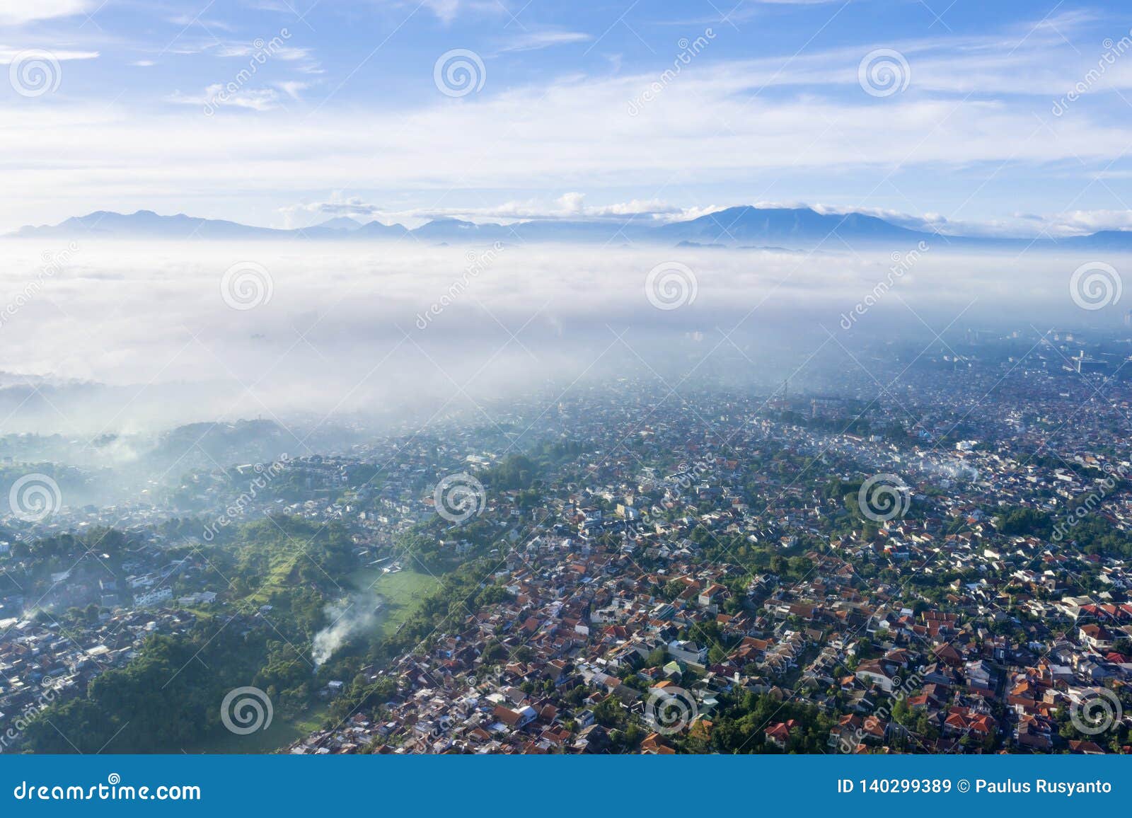 beautiful countryside at misty morning in bandung