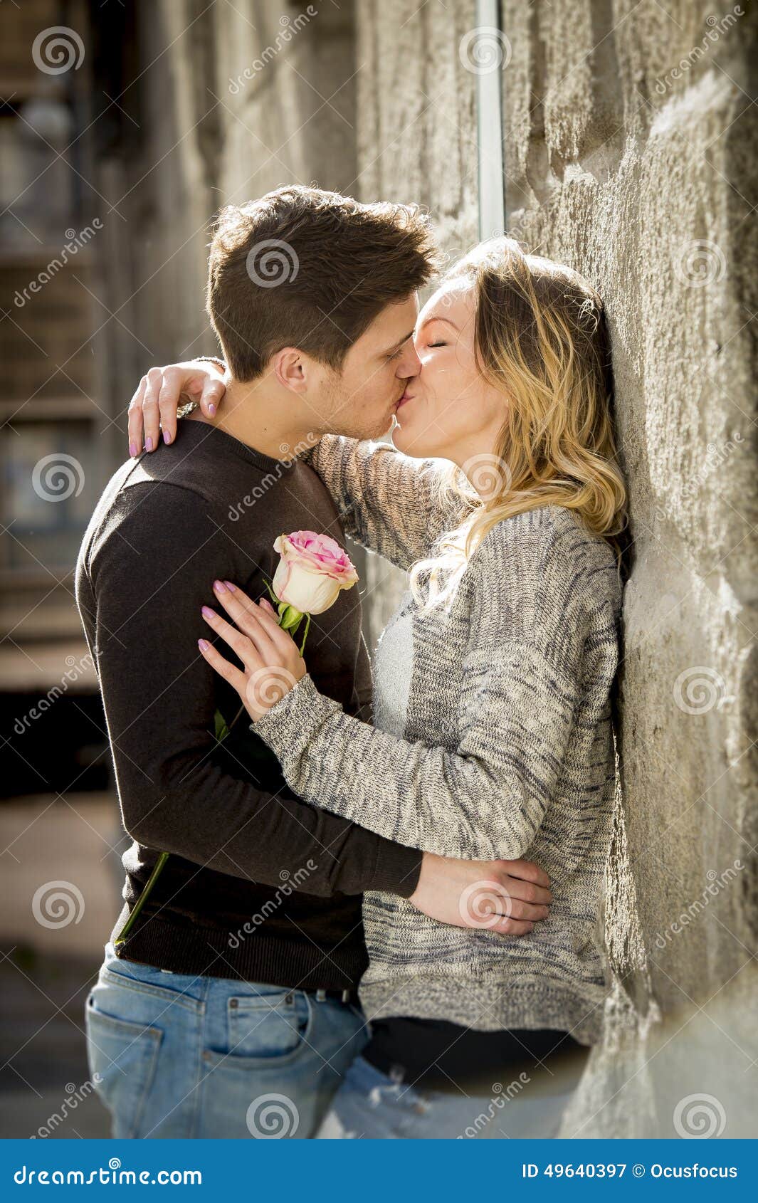 Beautiful Couple In Love Kissing On Street Alley Celebrating Valentines 