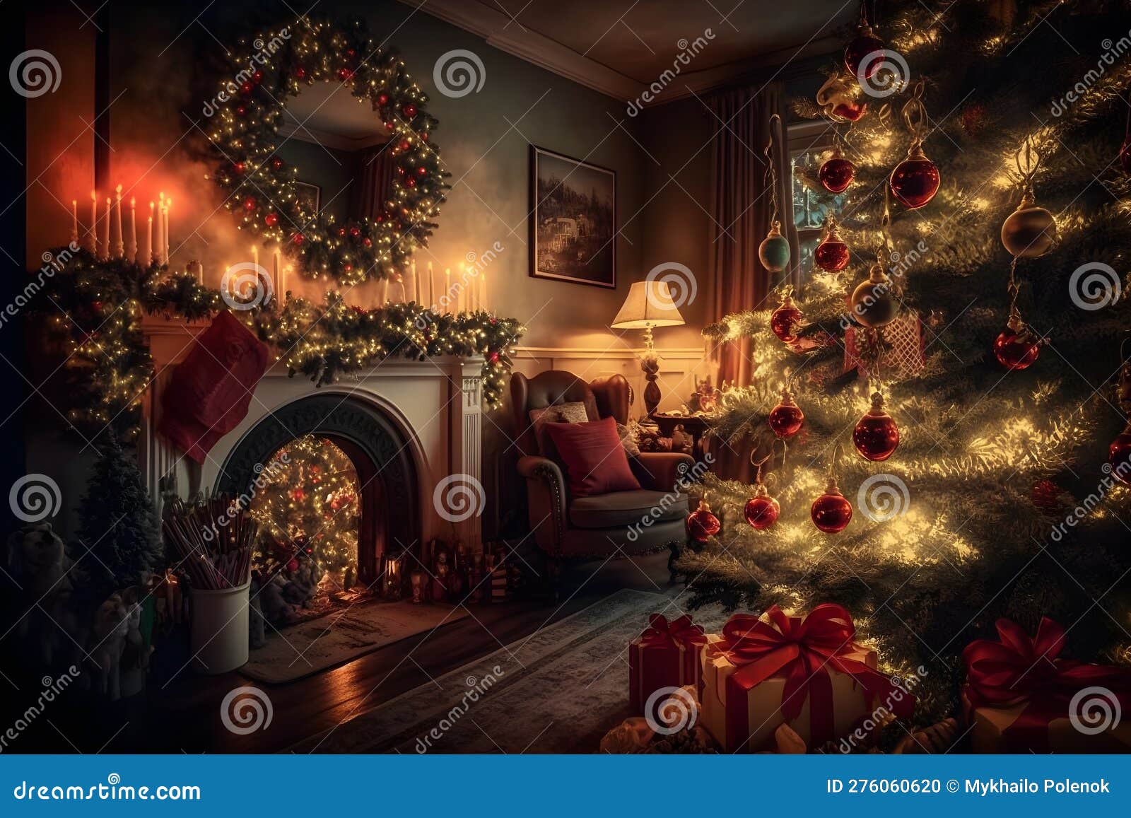 Beautiful Cozy Christmas Interior with a Fireplace. Neural Network AI ...