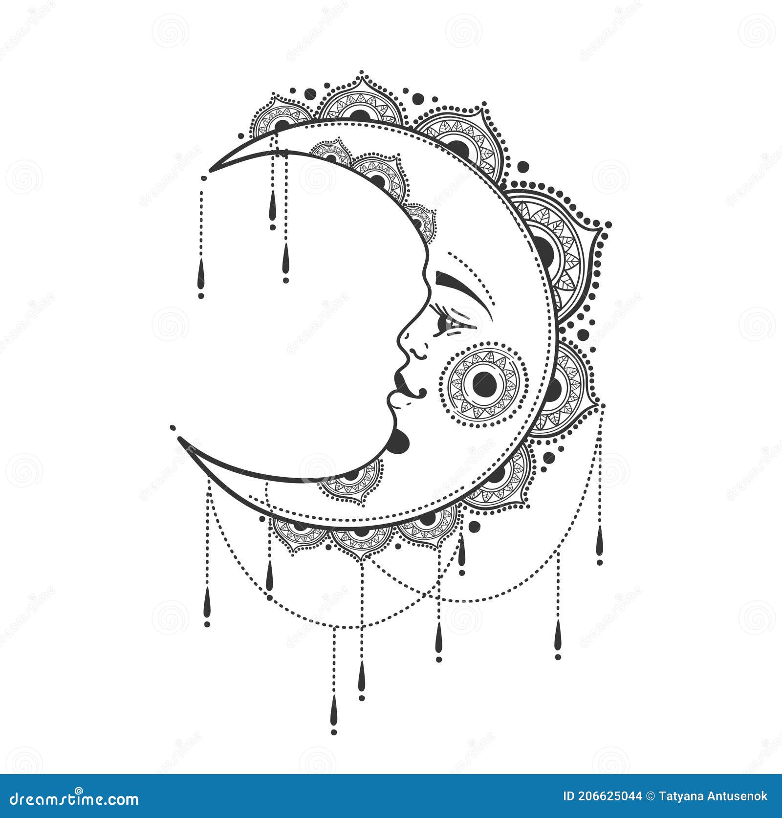 Beautiful Crescent Moon with Face, Jewelry and Mandala Ornaments, Boho  Design, Tattoo. Linear Hand Drawing Isolated on White Stock Illustration -  Illustration of hand, mystical: 206625044