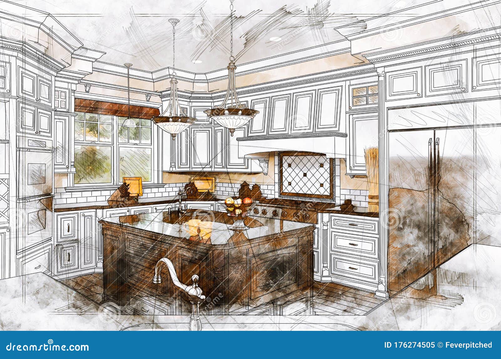 Beautiful Custom Kitchen Design Drawing Illustration Details Stock