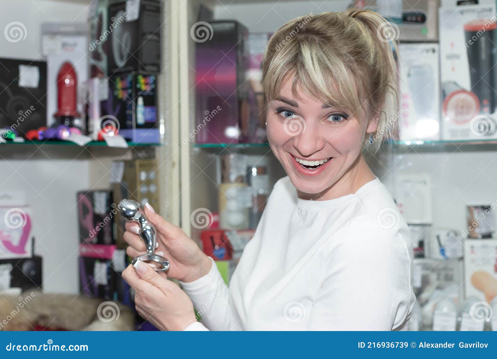 Beautiful Cute Girl Chooses A Sex Toy In An Adult Store Stock Image Image Of Client