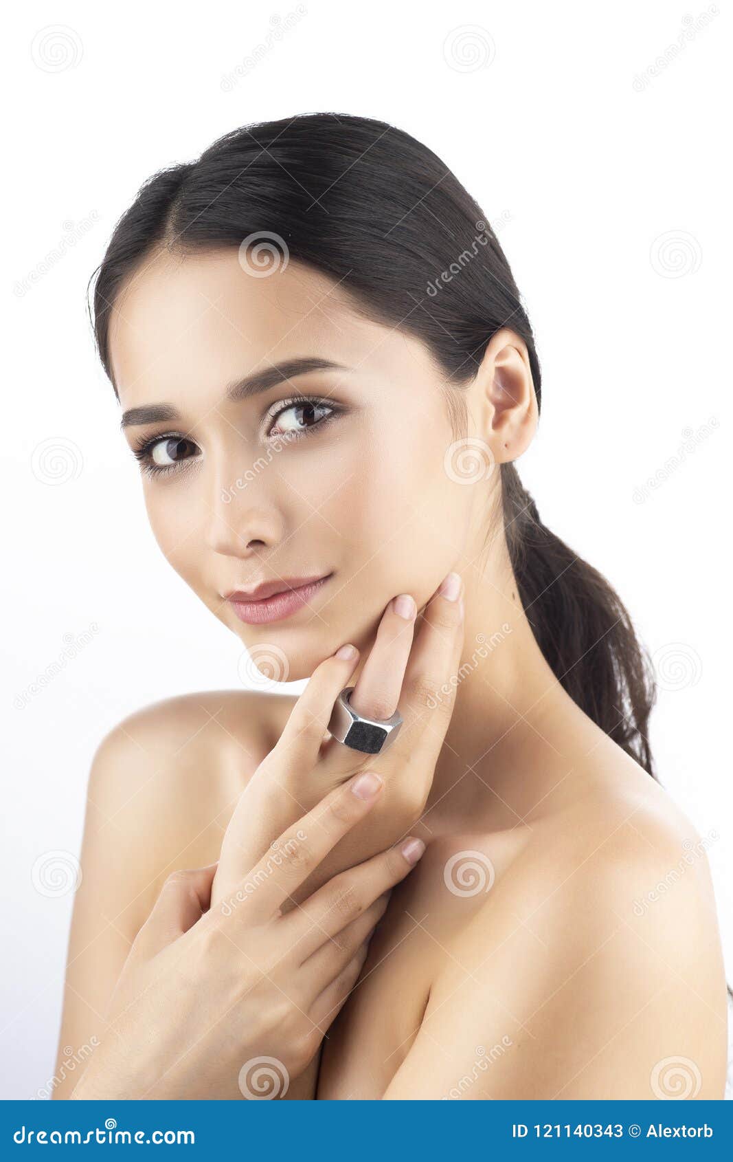 A Beautiful Cute Smiling Brunette with Naked Shoulders, Nude Make-up and  Shining Healthy Skin Wears a Large Nut on Stock Image - Image of long,  fashion: 121140343
