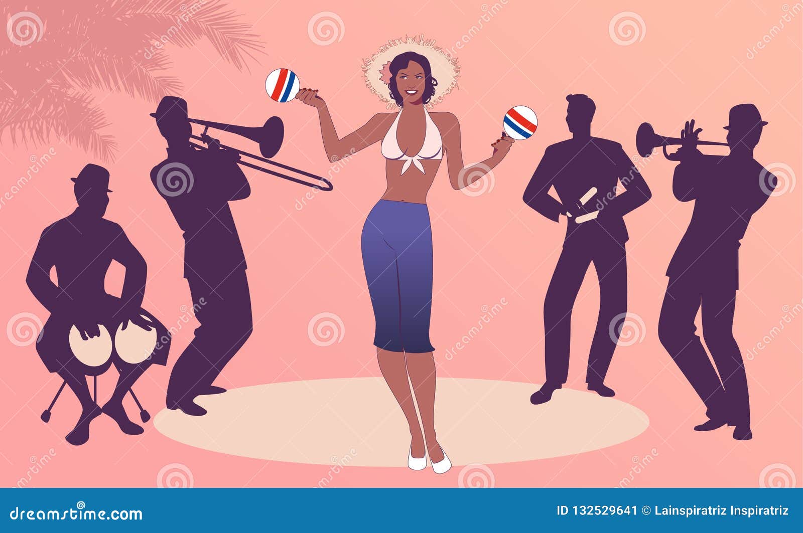 beautiful dancer playing maracas and four latin musicians playing bongos, trumpet, claves and trombone