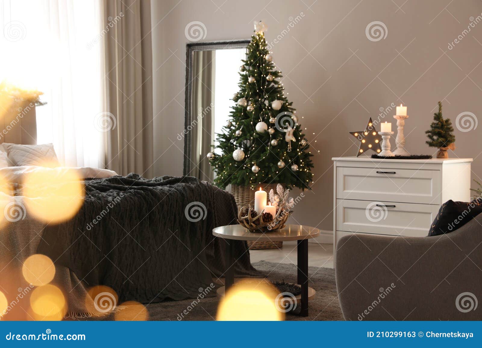 Beautiful Decorated Christmas Tree with Fairy Lights in Bedroom ...