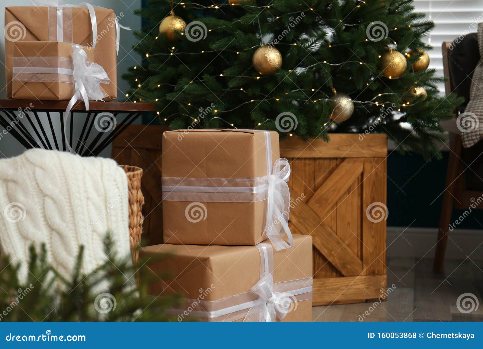Beautiful Decorated Christmas Tree and Gift Boxes Stock Photo Image