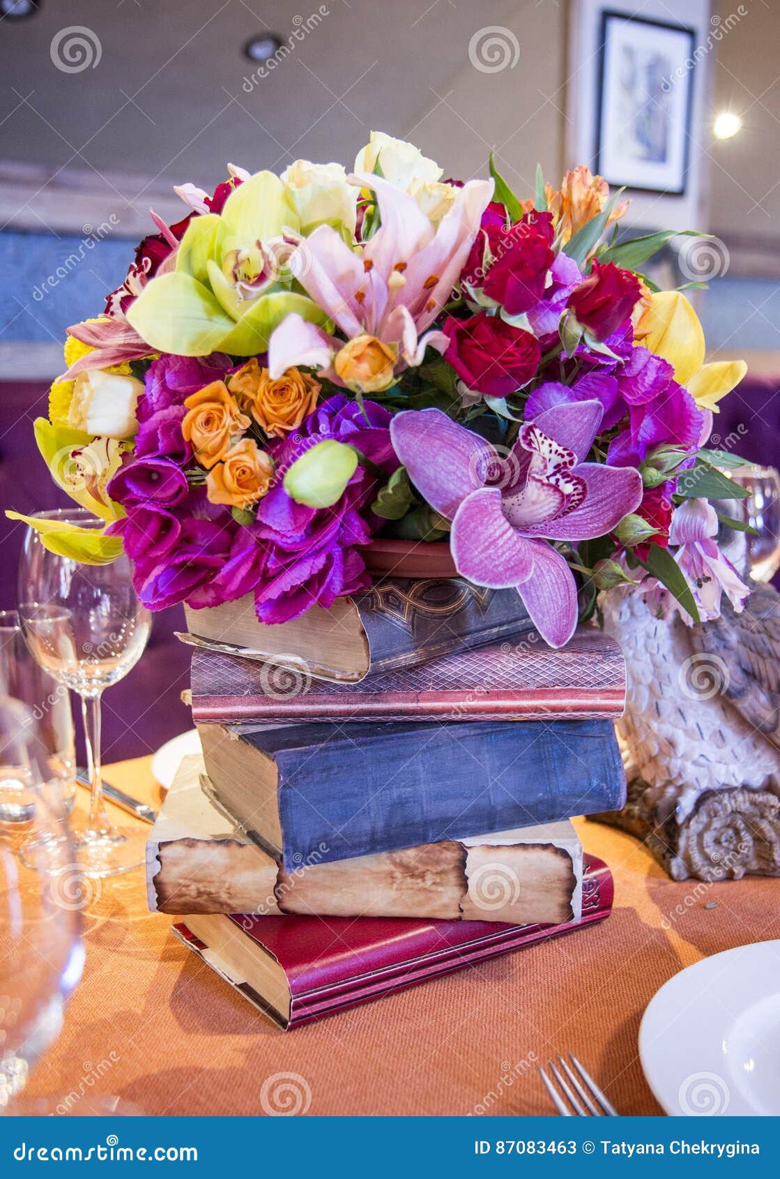 Beautiful Decoration of Restaurant with Flowers and Books. Stock Image Image of celebrate
