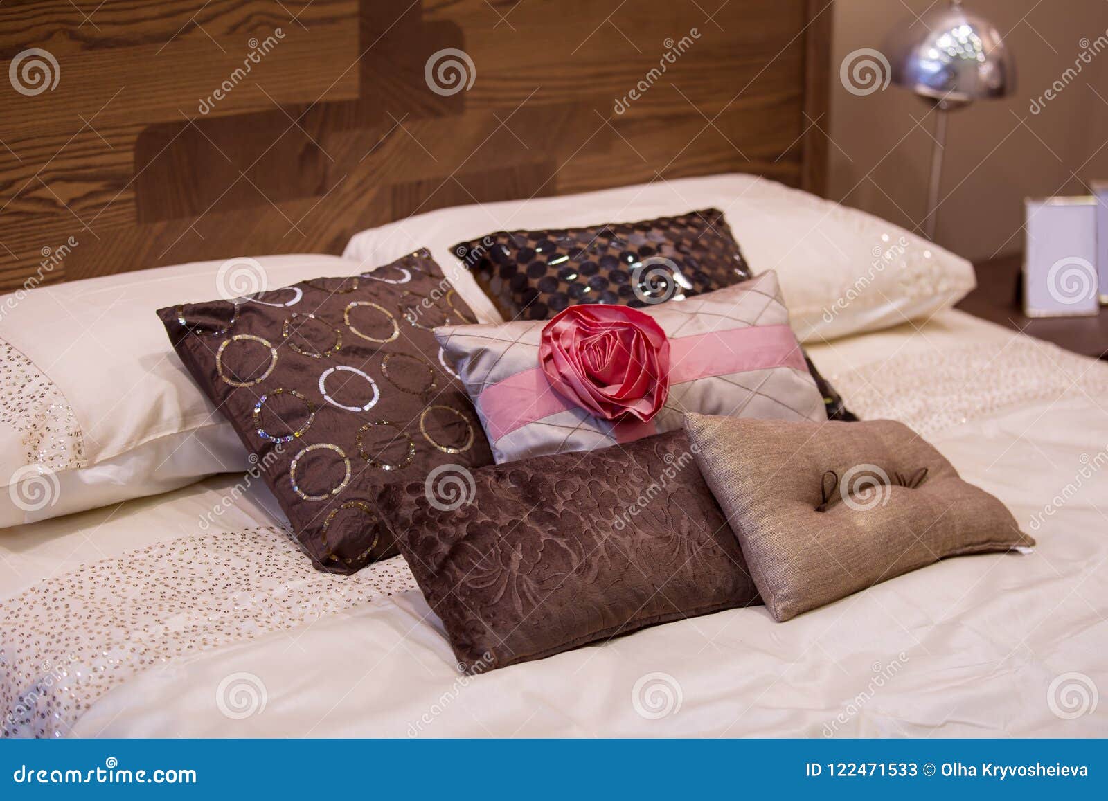 Beautiful Decorative Pillows on the Bed in the Luxury Bedroom Stock Image Image of comfort