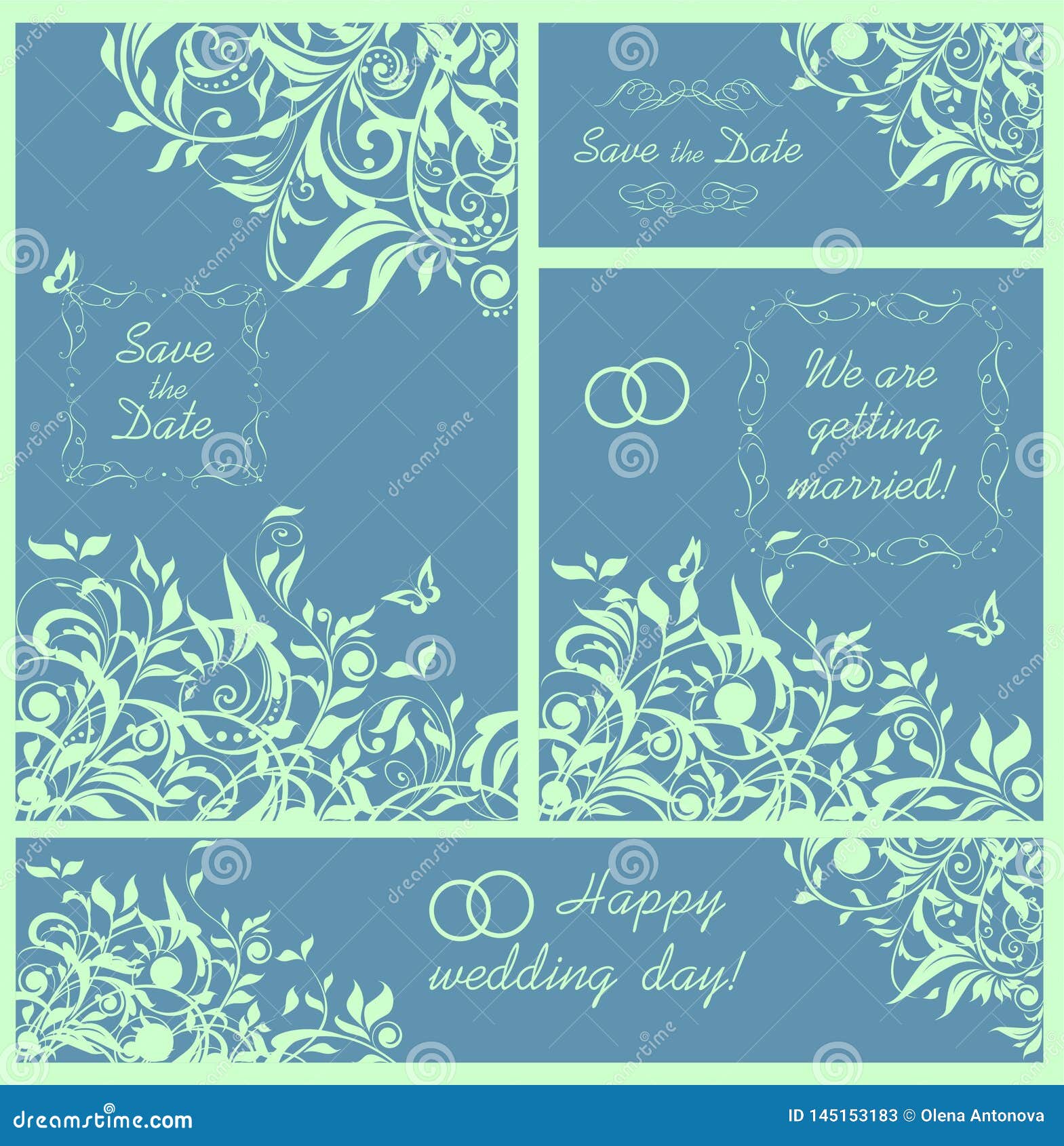 Beautiful pastel blue design for wedding invitation with mint color floral ...