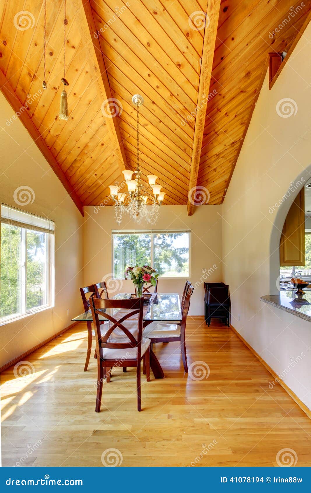Beautiful Dining Area With High Vaulted Ceiling Stock Photo