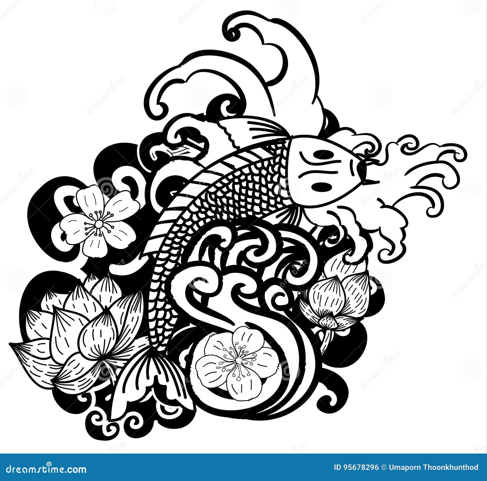 Beautiful Doodle Art Koi Carp Tattoo Design Stock Vector