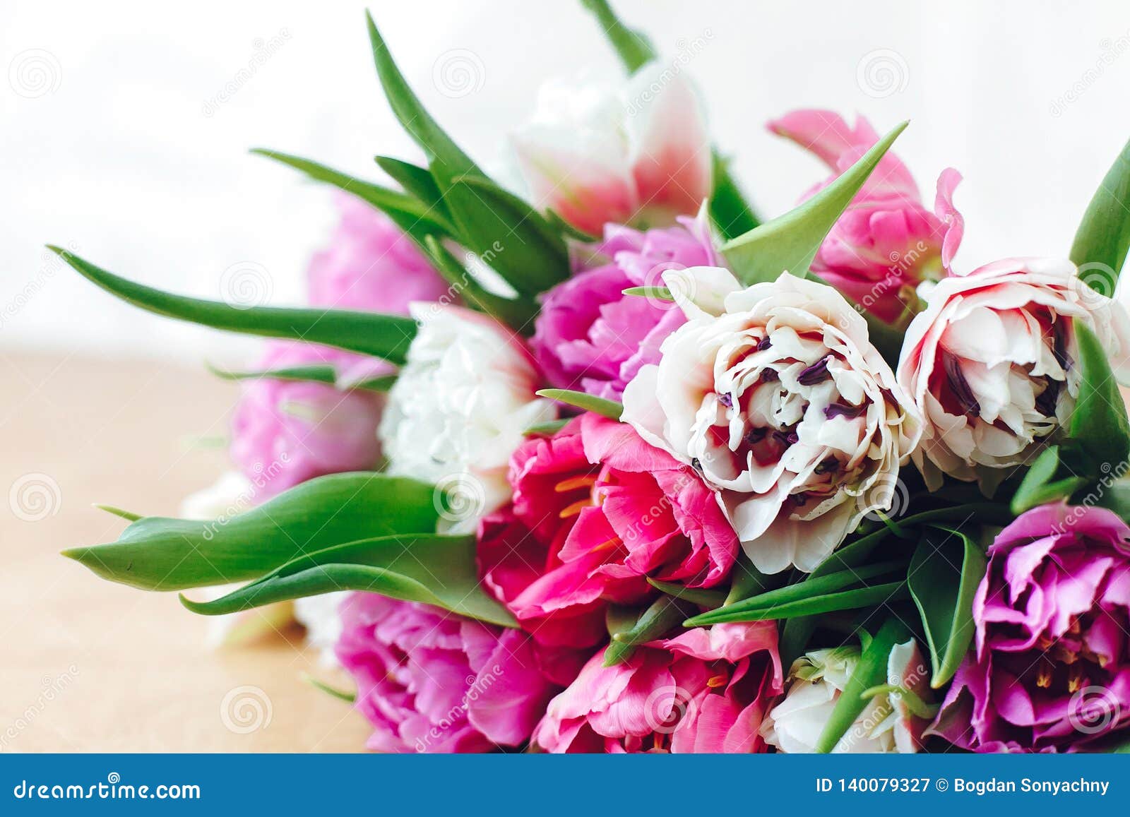 Beautiful Double Peony Tulips on Wooden Table with Copy Space. Colorful ...