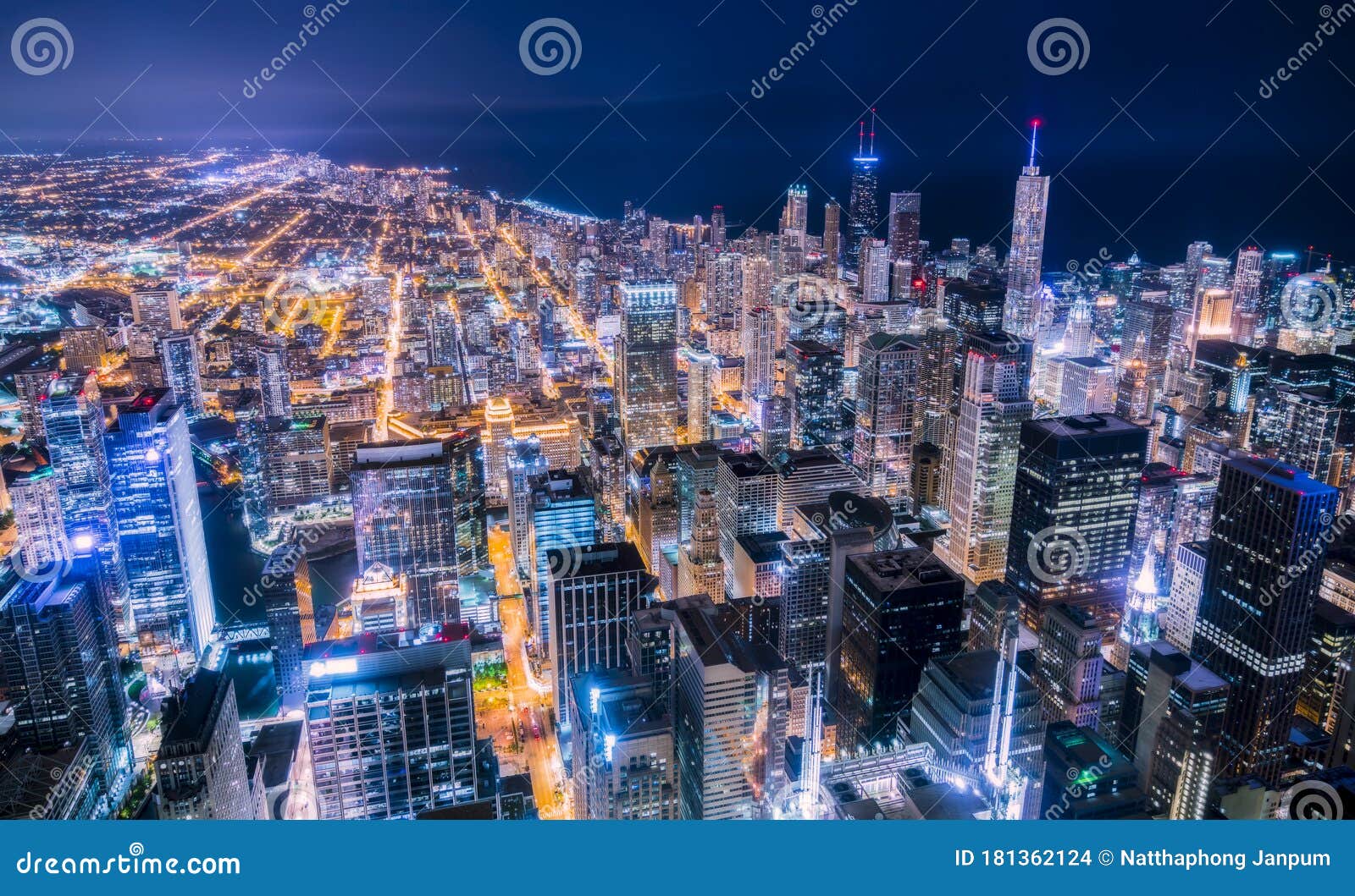 Beautiful Downtown Chicago Skyline at Night Editorial Stock Image