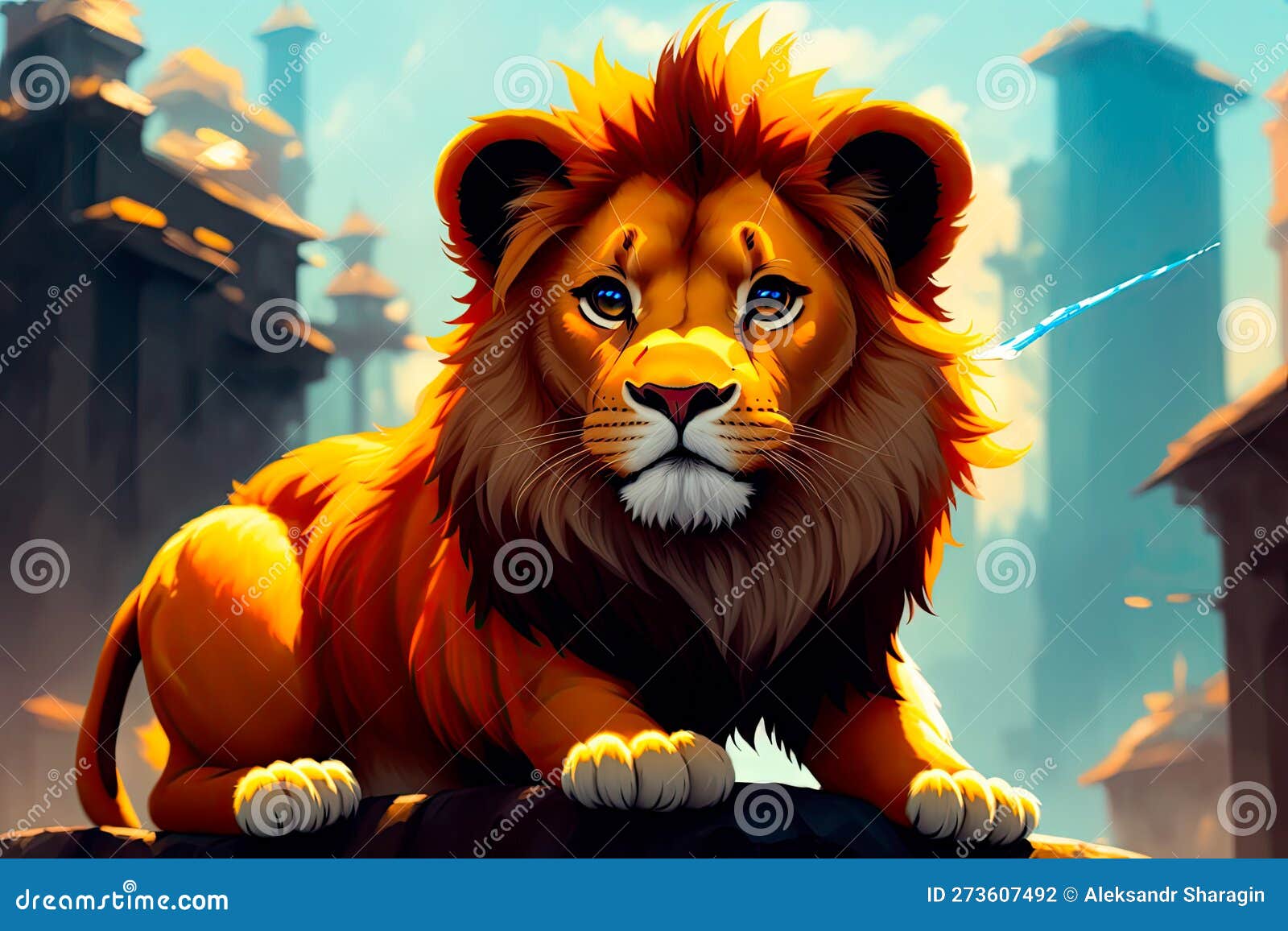 a beautiful drawing of a lion with a majesticaly peaceful expression. colorful magic lion, cartoon style painting. generative ai