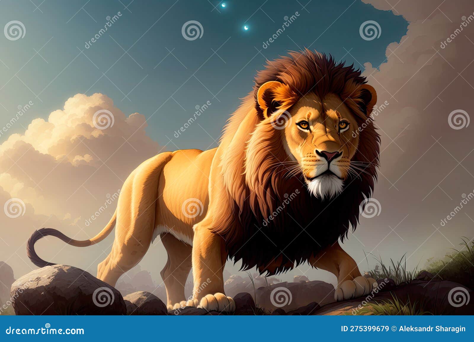 a beautiful drawing of a lion with a majesticaly peaceful expression. colorful magic lion, cartoon style painting. generative ai