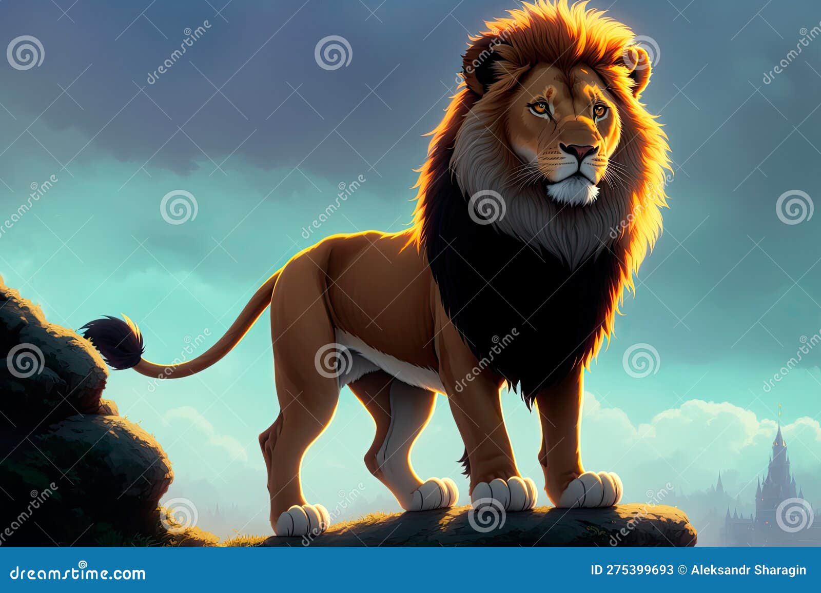 a beautiful drawing of a lion with a majesticaly peaceful expression. colorful magic lion, cartoon style painting. generative ai