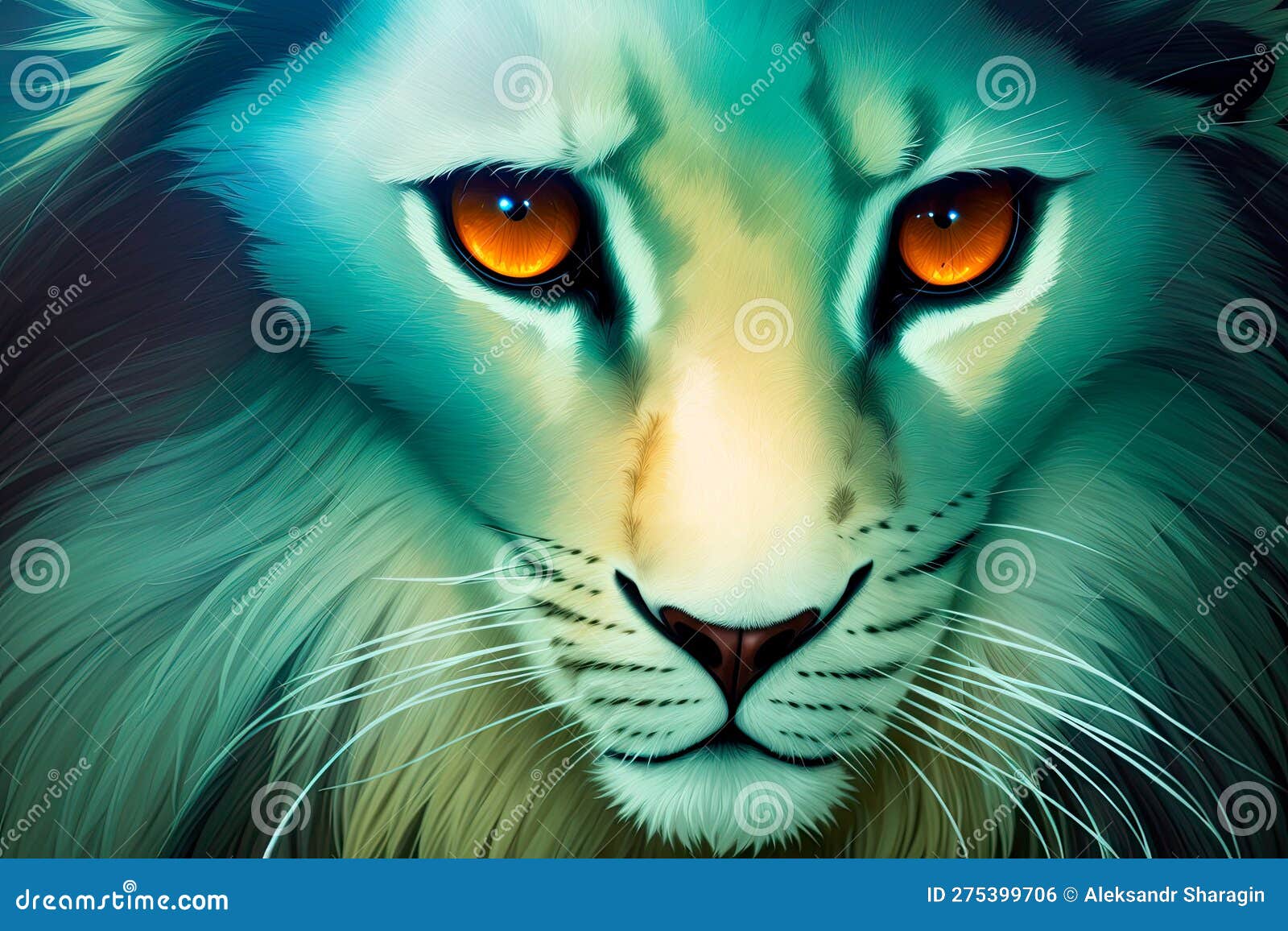 a beautiful drawing of a lion with a majesticaly peaceful expression. colorful magic lion, cartoon style painting. generative ai