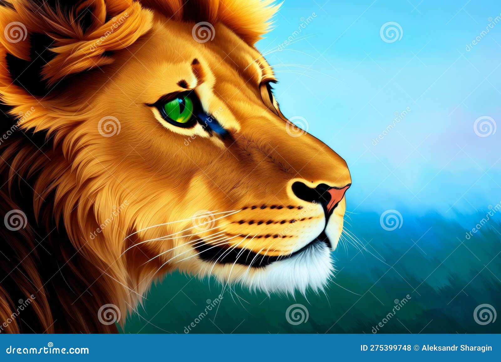 a beautiful drawing of a lion with a majesticaly peaceful expression. colorful magic lion, cartoon style painting. generative ai