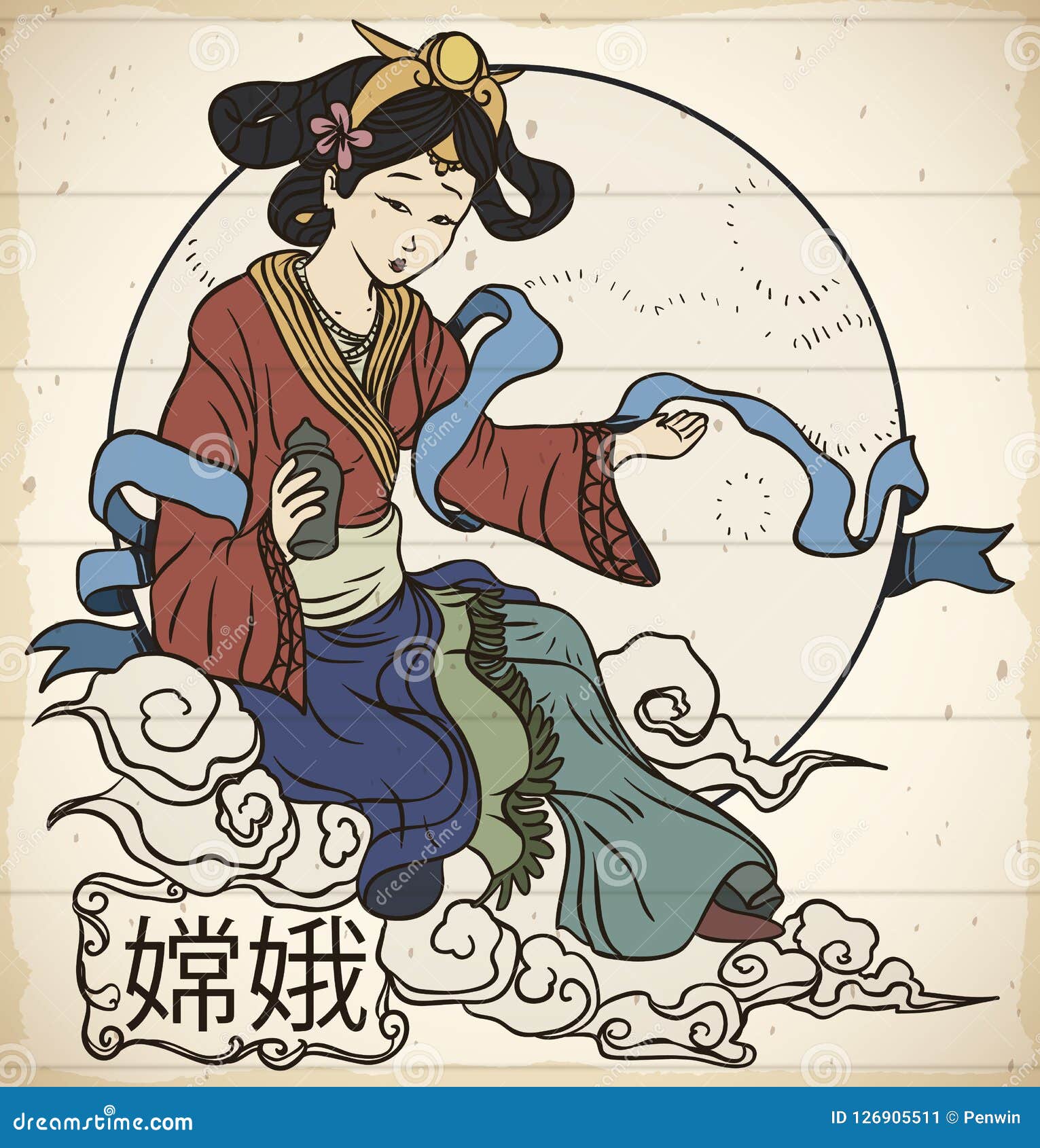 Traditional Representation of Chinese Moon Goddess Chang`e in Scroll