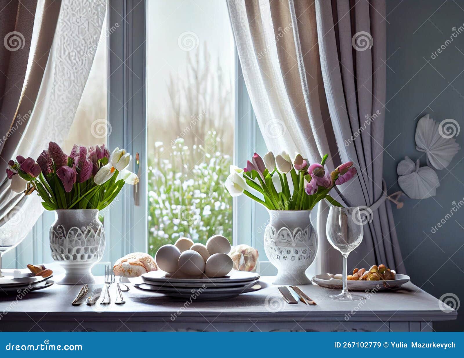 Beautiful Easter Table Setting with Festive Decor Indoors. AI Generated