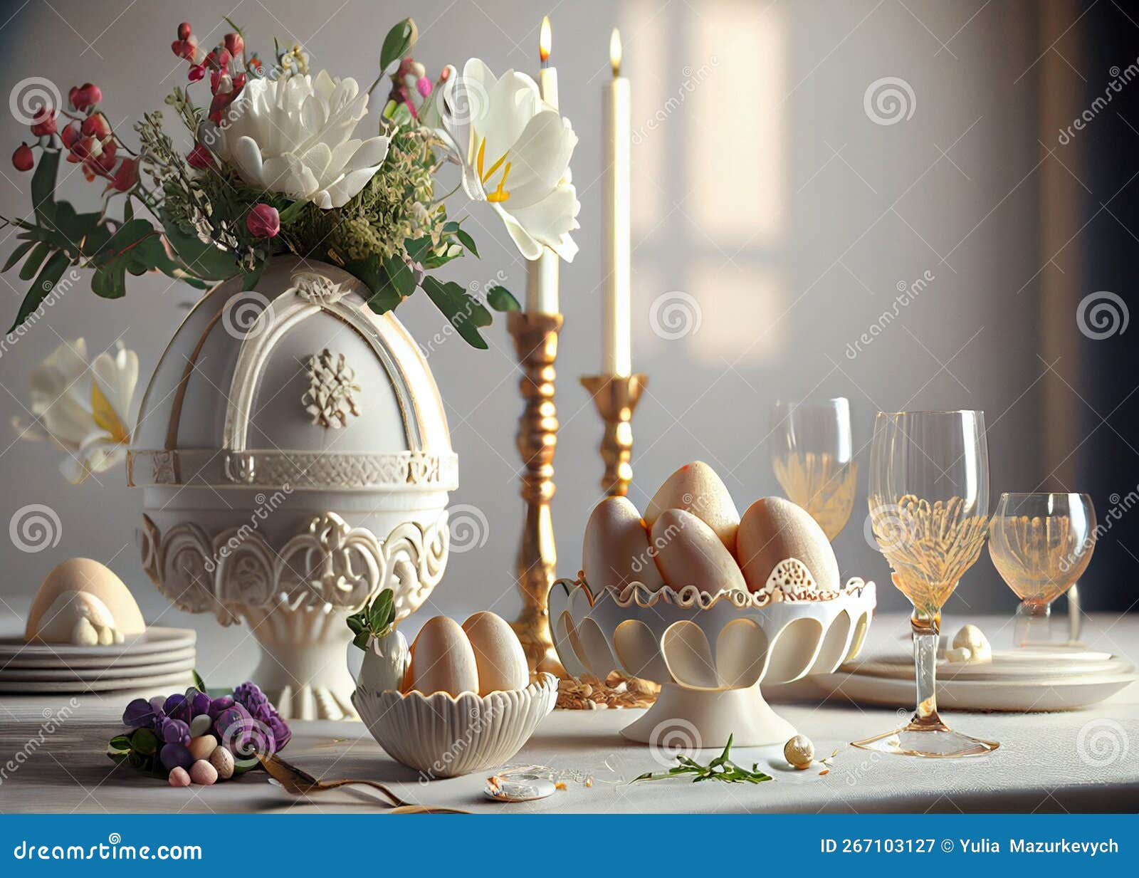 Beautiful Easter Table Setting with Festive Decor Indoors. AI Generated