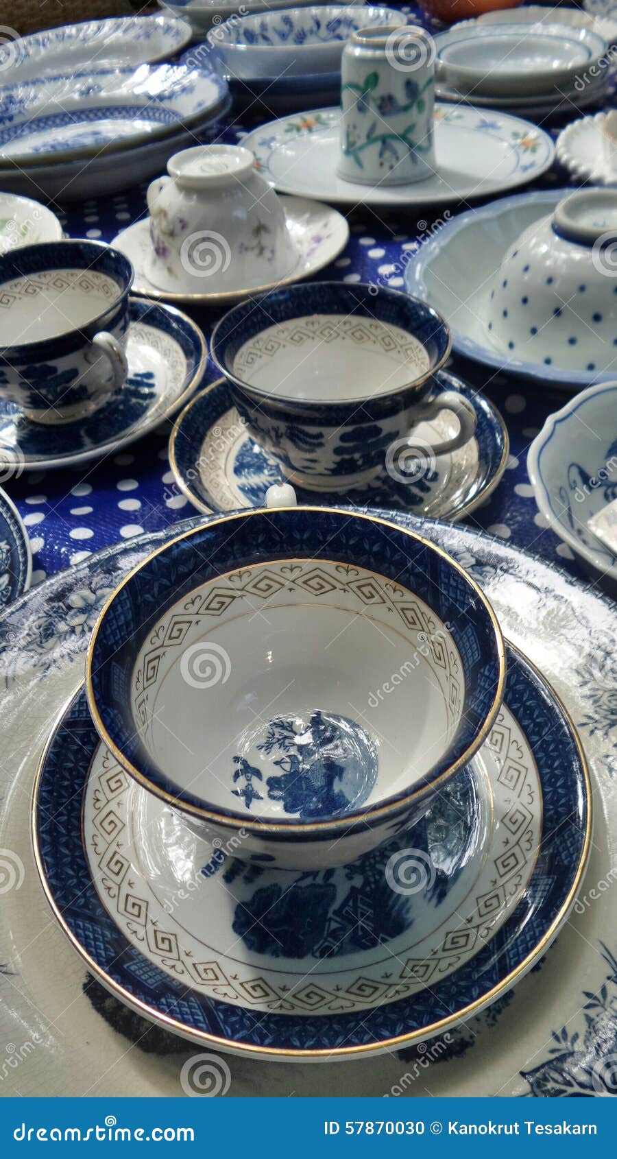 Beautiful and Elegant Blue and White Tea Cup Collection Stock Photo