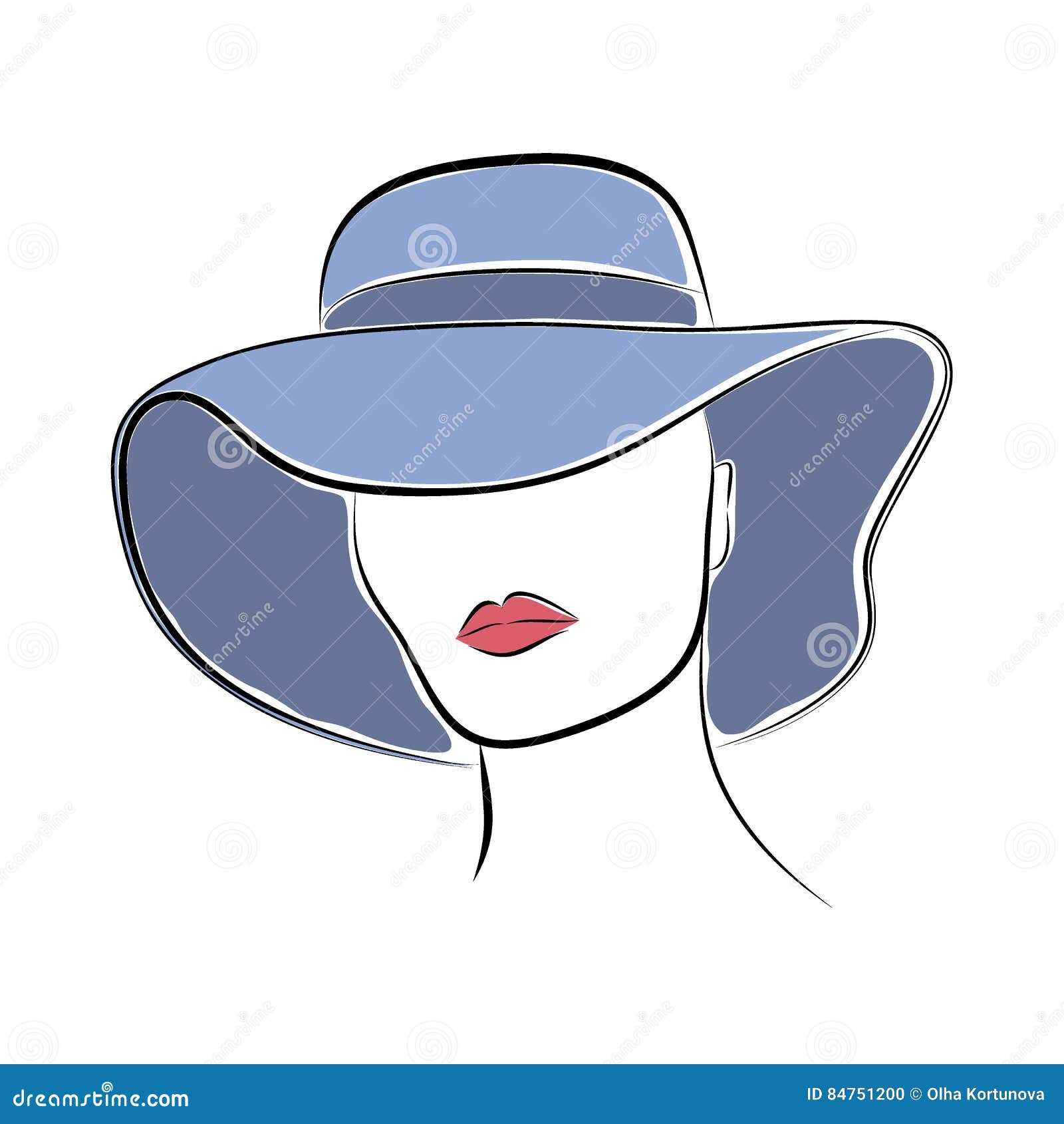 beautiful elegant lady in the blue wide-brimmed hat.  fashion sketch in hand drawing style for your .