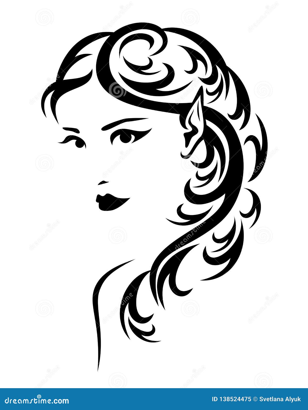 Elf Woman with Long Hair Vector Portrait Stock Vector - Illustration of ...