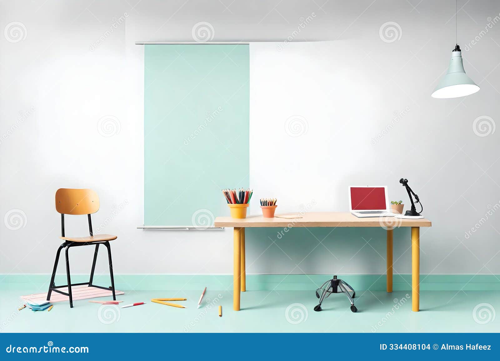 a beautiful empty classroom with desk and chair, featuring a whiteboard and cyan walls. soft light illuminating the room,