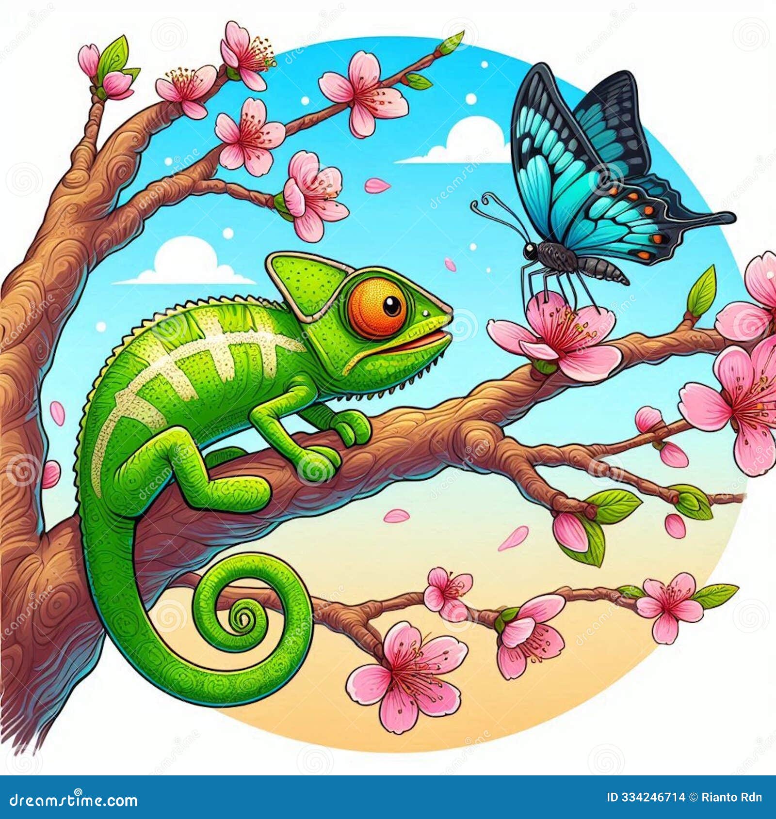 a beautiful encounter on sakura branches: chameleon and butterfly