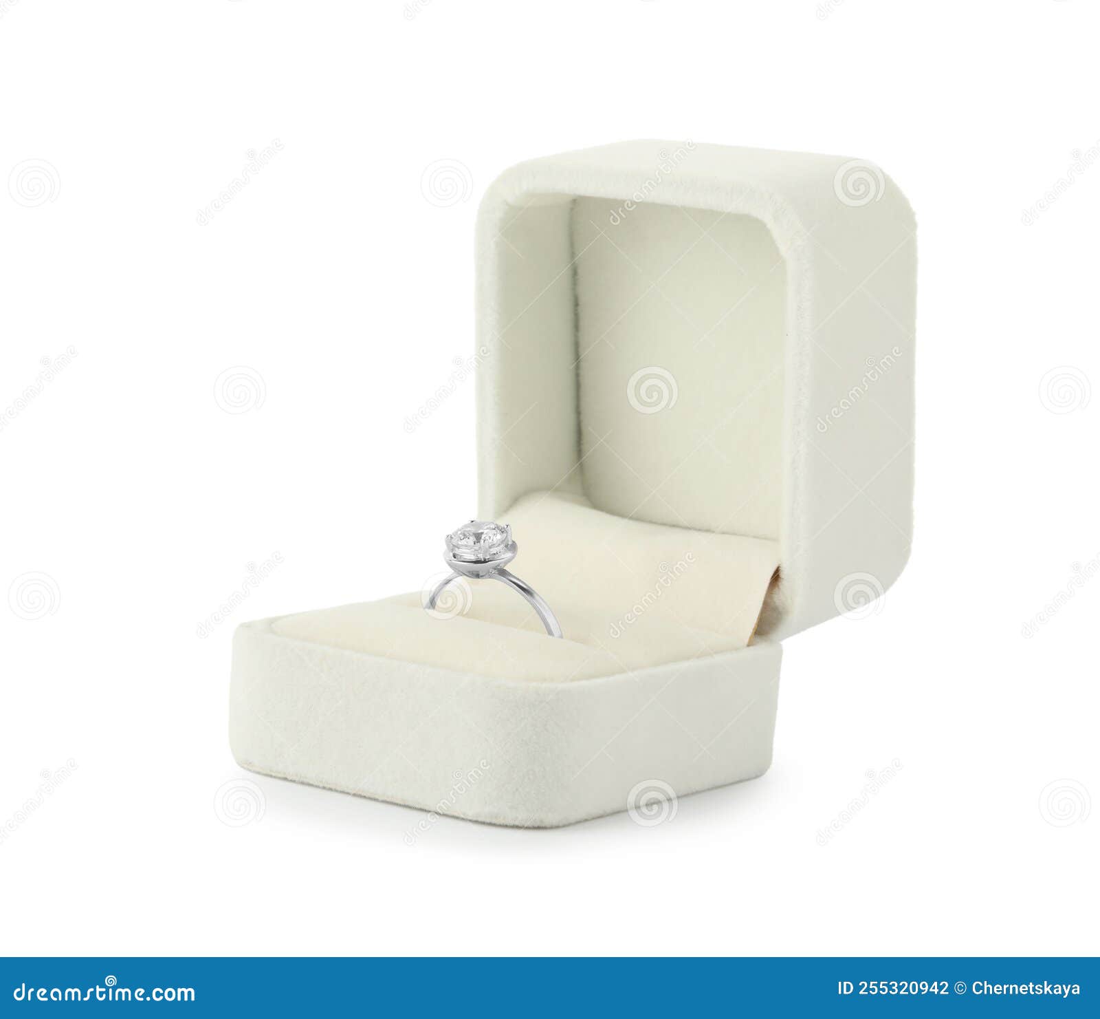 Beautiful Engagement Ring with Gemstone in Box Isolated on White Stock