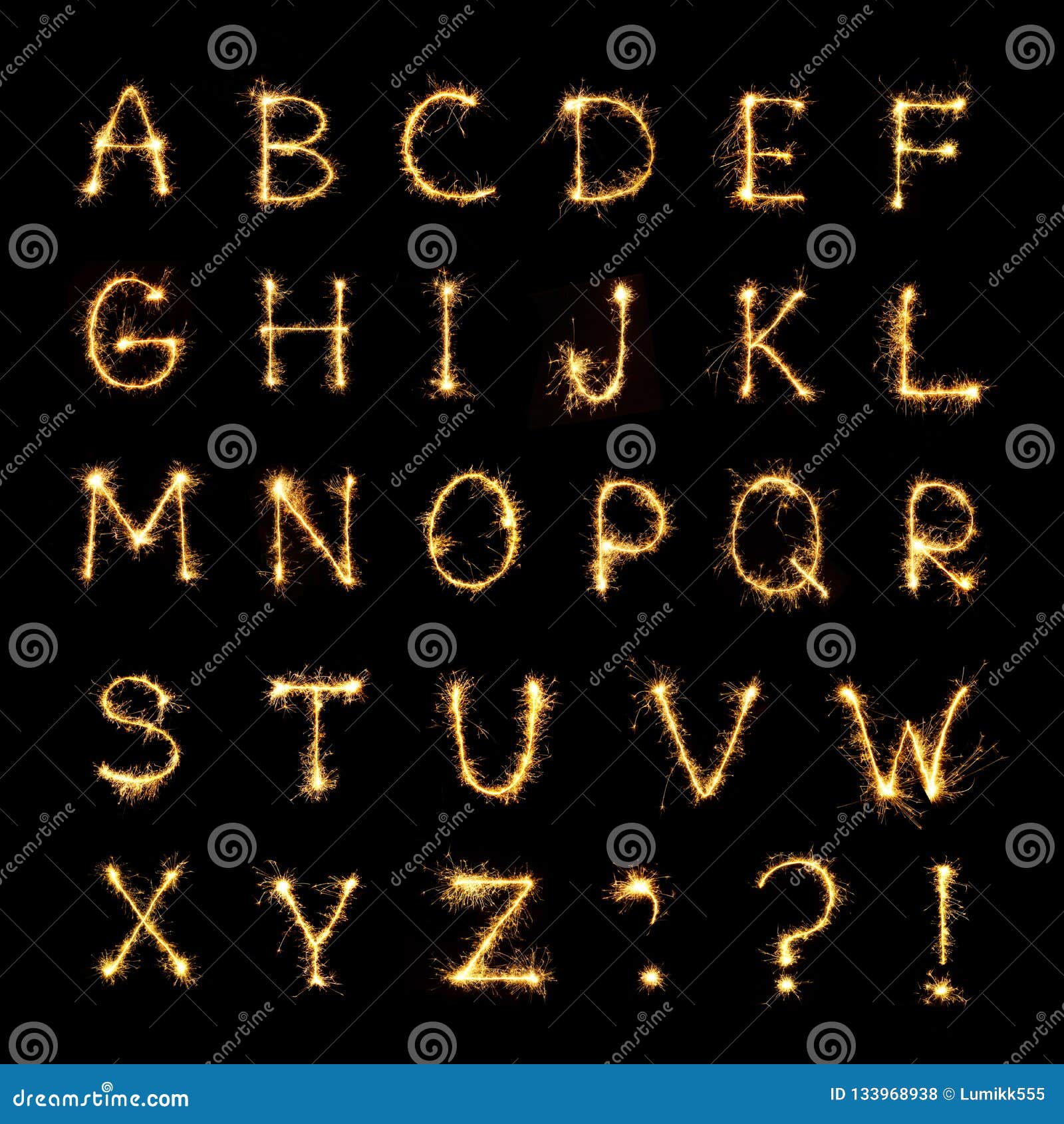 beautiful english alphabet of burning sparkler letters