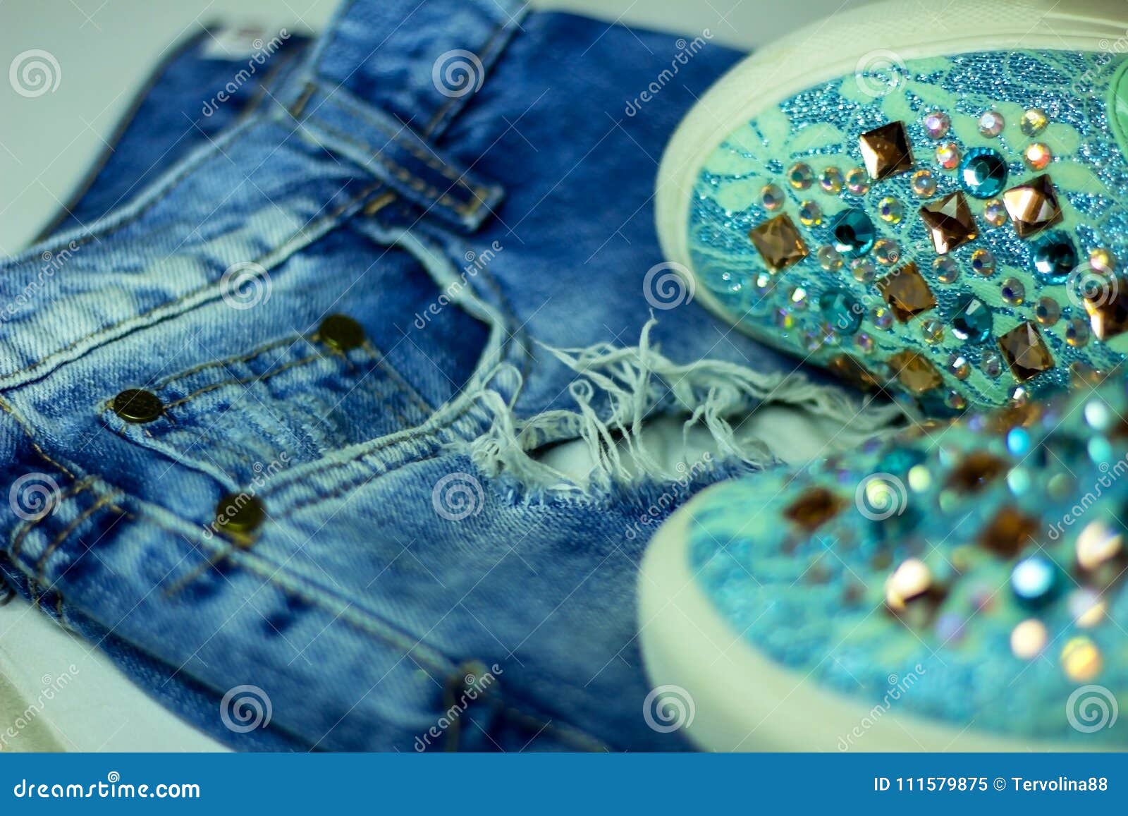 Beautiful Espadrilles with Rhinestones on a Background of Jeans Stock ...