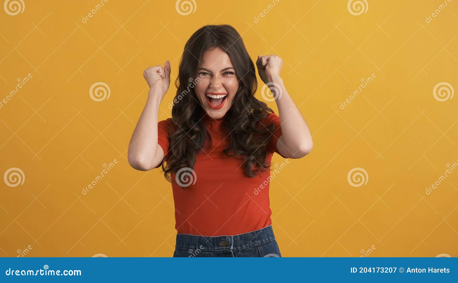 Beautiful Excited Girl in Red Top Rejoicing on Camera Over Colorful ...