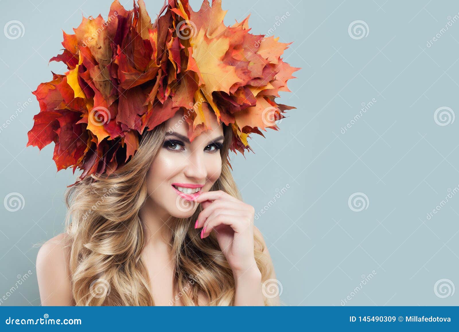 Beautiful Face. Autumn Woman with Fall Leaves on Gray Background Stock ...